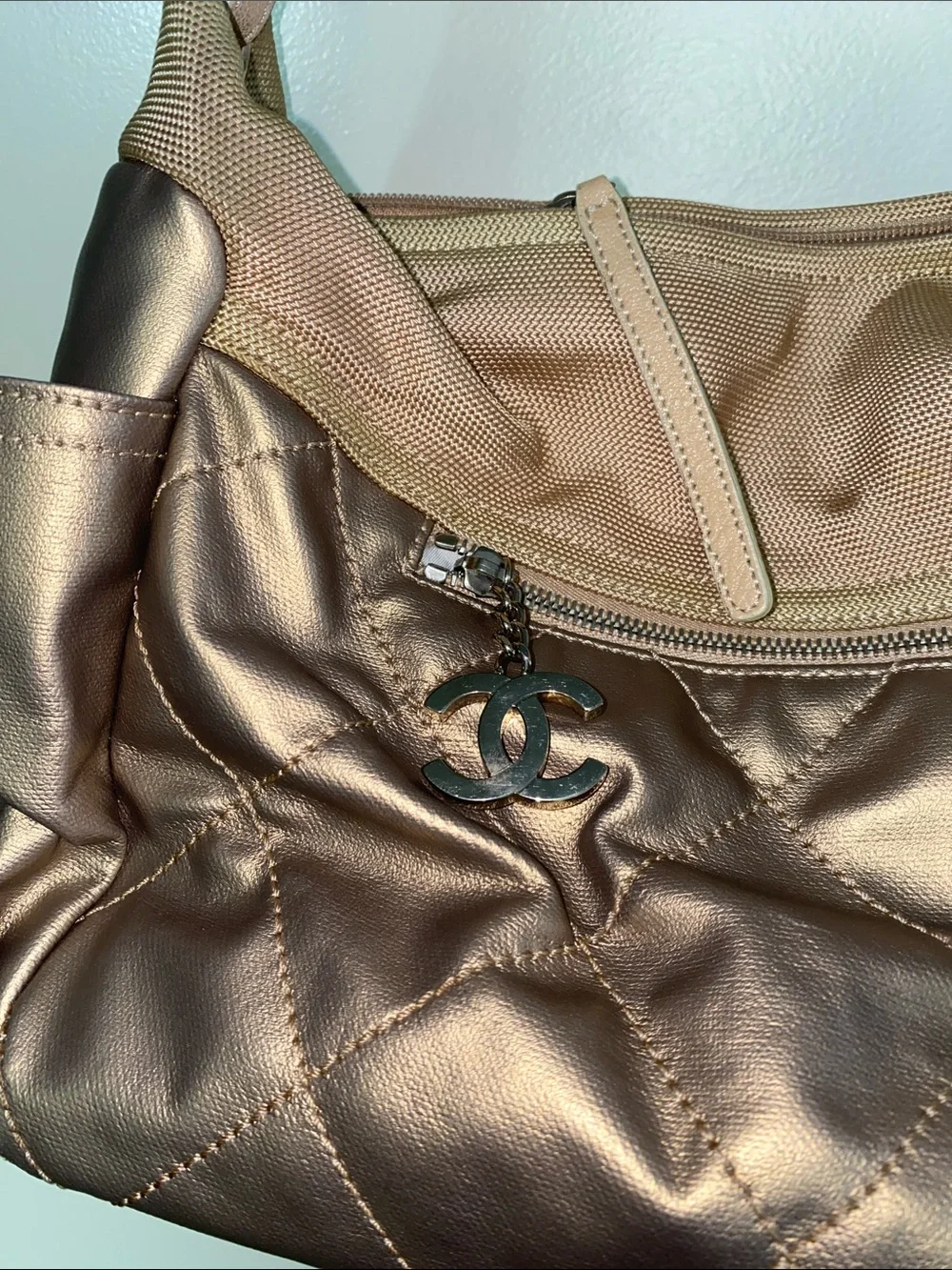 CHANEL Champagne Metallic Travel Quilted Hobo Baguette Shoulder Bag Duffle